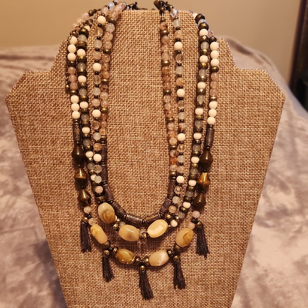 Premier Designs Cream and Brown Layered Necklace